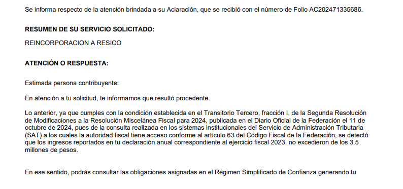 Respuesta. Caso aclaracion para regresar a resico.