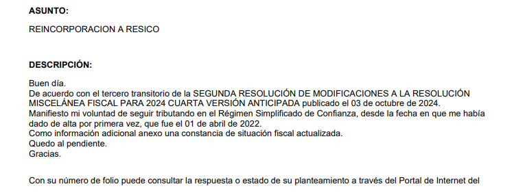 Caso aclaración para regresar a RESICO.