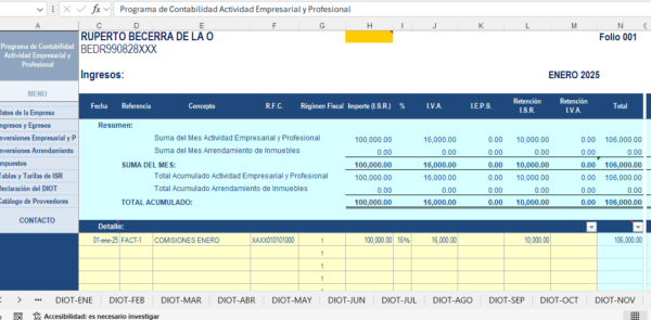 Calculadora en Excel Régimen de Actividades Empresariales y Profesionales 2025 - Imagen 2