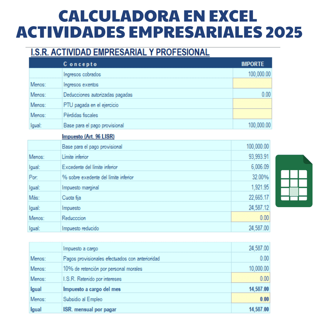 Calculadora en Excel Regimen de actividades empresariales 2025 PF