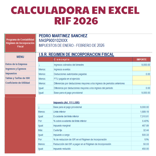calculadora Excel regimen de incorporacion fiscal 2026